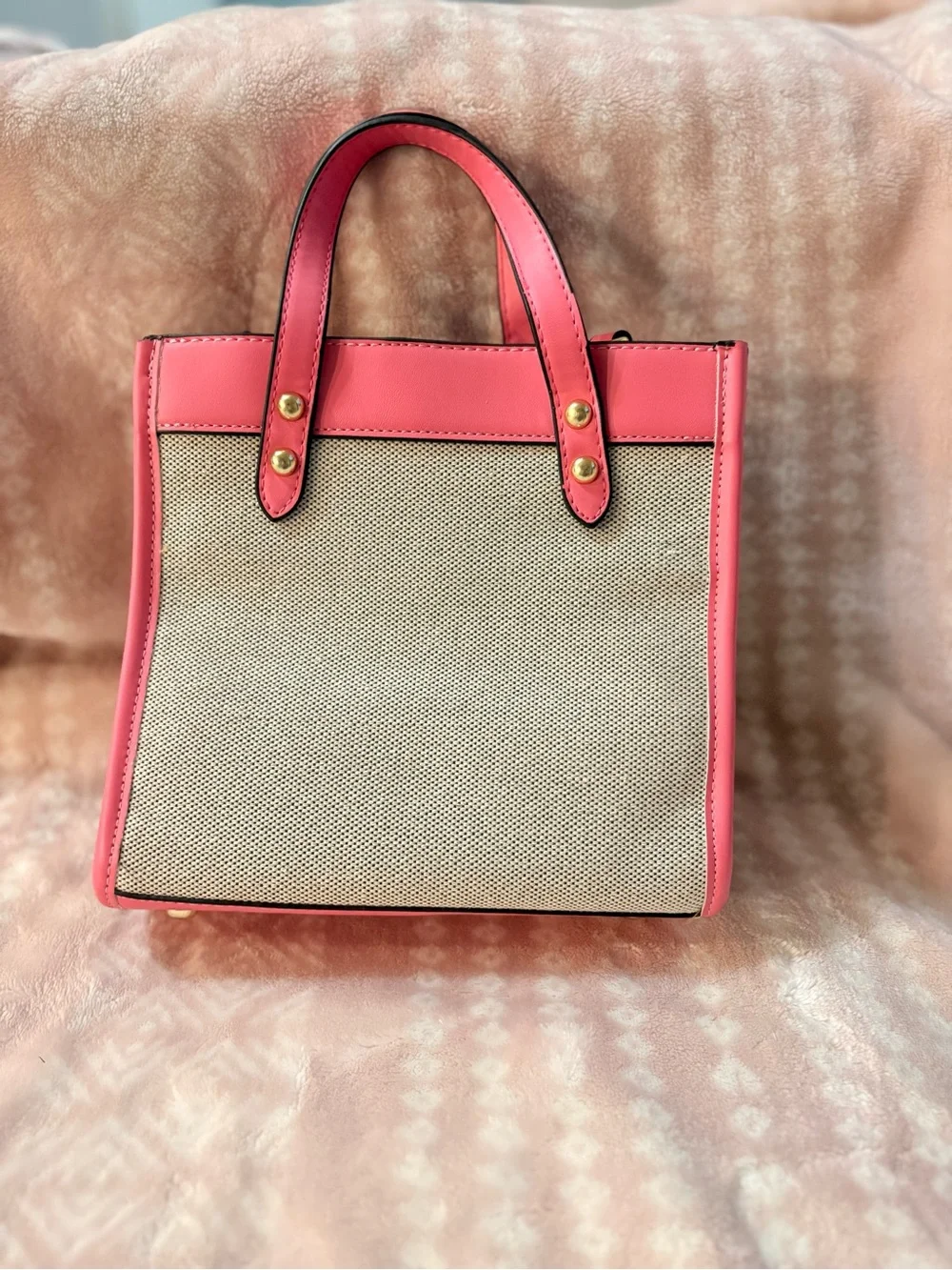 Pink Canvas & Leather Tote with Adjustable Strap